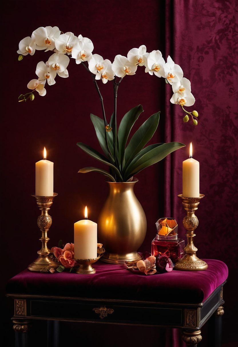 A beautifully arranged selection of elegant adult toys on a luxurious velvet background, accompanied by soft candlelight and delicate flowers to evoke a sense of intimacy and pleasure. Include a minimalistic guidebook elegantly placed next to them, hinting at exploration and wellness. The image should exude warmth, sophistication, and a sense of empowerment. super-realistic. romantic lighting. vibrant colors.