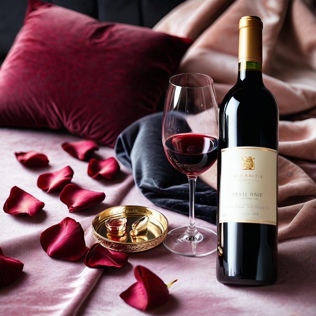 A beautifully arranged flat lay of assorted adult toys, elegantly displayed on a soft velvet fabric with warm lighting casting gentle shadows. Include a tasteful glass of red wine and rose petals to create a romantic ambiance, emphasizing intimacy and connection. The colors should be rich and inviting, showcasing a variety of textures and materials. super-realistic. warm tones. soft focus.