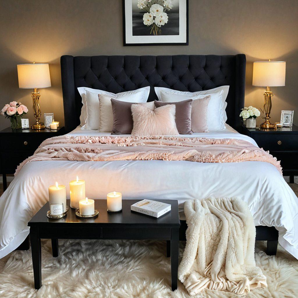 A serene, inviting setting featuring a luxurious bedroom with soft lighting and plush decor. Include elegant erotic products artfully arranged on a nightstand, surrounded by candles and flowers. Capture the essence of self-care with a cozy blanket draped across a chair and calming elements like essential oils and delicate crystals. A gentle silhouette of a person enjoying a moment of tranquility in this space enhances intimacy and personal connection. super-realistic. soft colors. warm lighting.